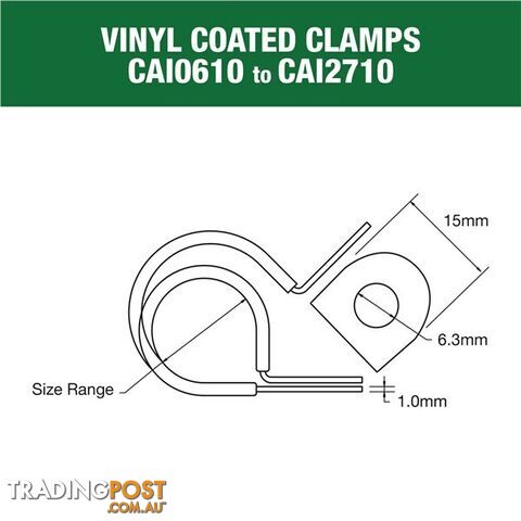 Vinyl Coated Hose   Cable Clamp 21mm (13/16?) Dia 15mm Band 6.3mm Hole 10pk SKU - CAI2110P