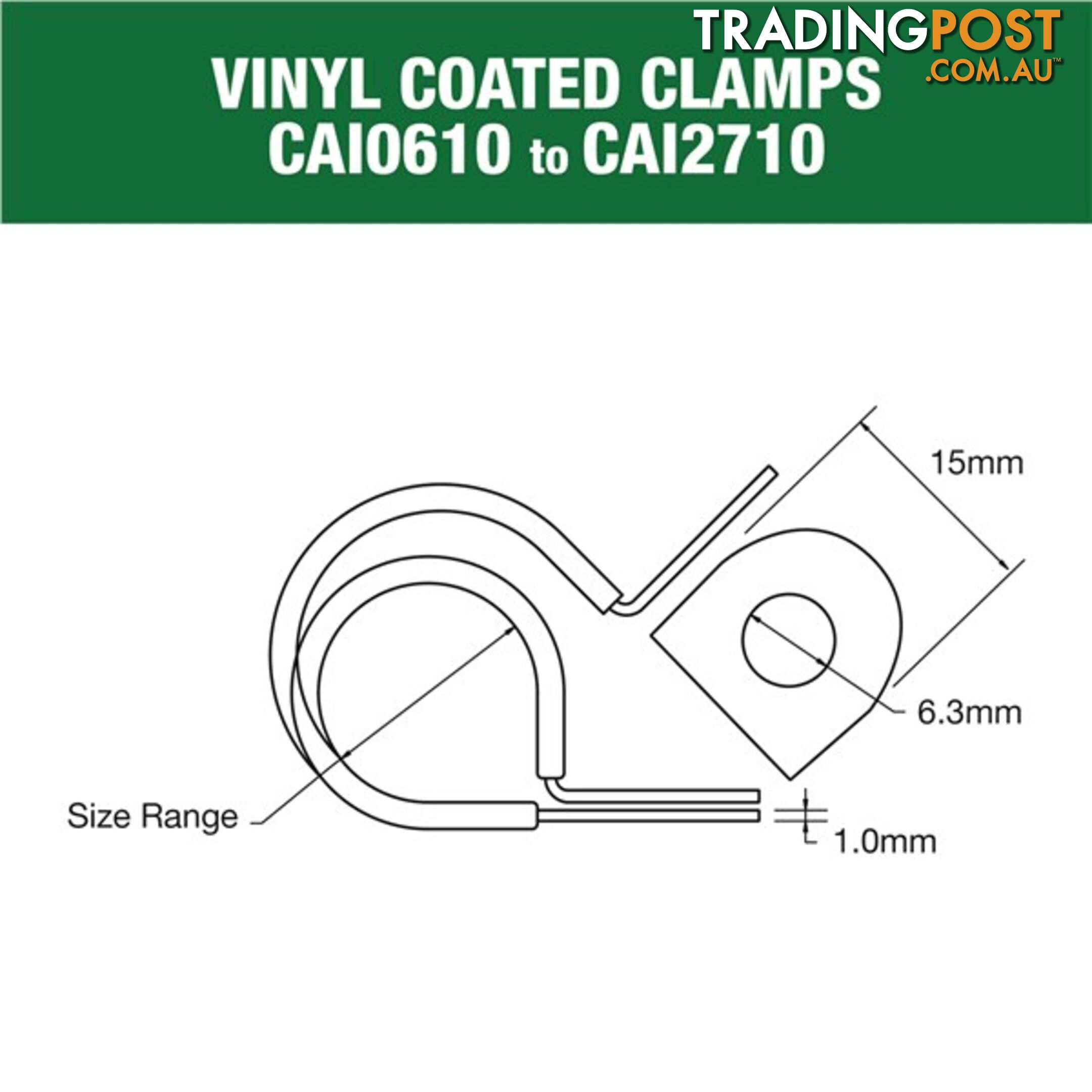 Vinyl Coated Hose   Cable Clamp 21mm (13/16?) Dia 15mm Band 6.3mm Hole 10pk SKU - CAI2110P