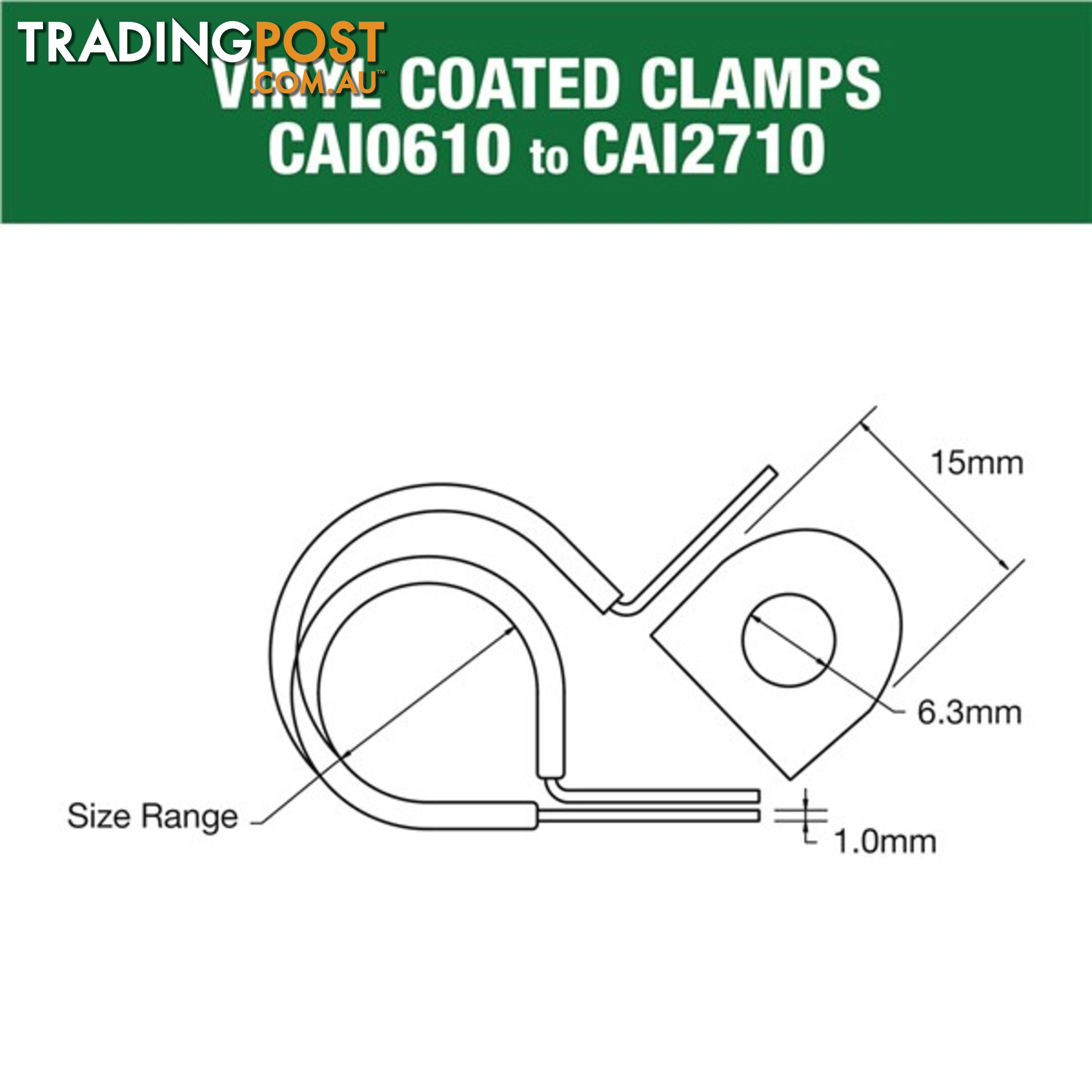 Vinyl Coated Hose   Cable Clamp 21mm (13/16?) Dia 15mm Band 6.3mm Hole 10pk SKU - CAI2110P