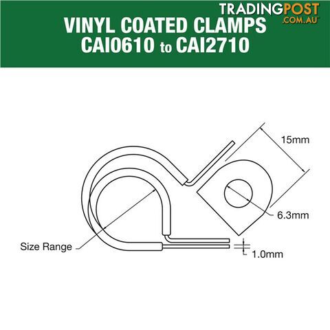 Vinyl Coated Hose   Cable Clamp 21mm (13/16?) Dia 15mm Band 6.3mm Hole 10pk SKU - CAI2110P