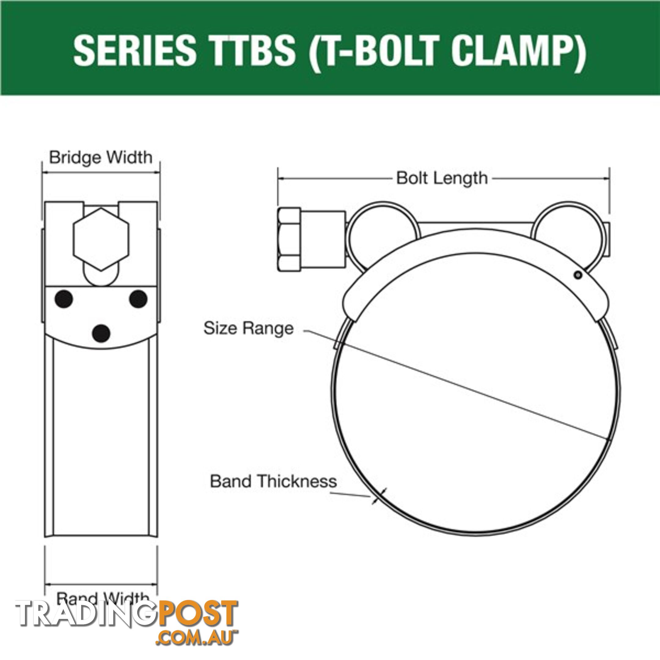 Tridon T-Bolt Hose Clamp 266mm â 278mm All Stainless Solid Band 5pk SKU - TTBS266-278P