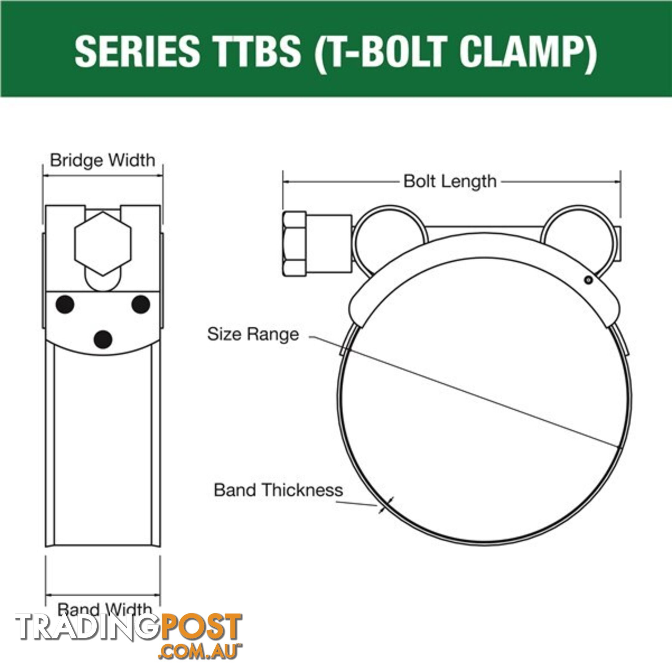 Tridon T-Bolt Hose Clamp 108mm â 116mm All Stainless Solid Band 10pk SKU - TTBS108-116P