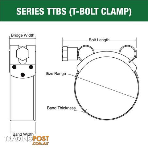 Tridon T-Bolt Hose Clamp 108mm â 116mm All Stainless Solid Band 10pk SKU - TTBS108-116P