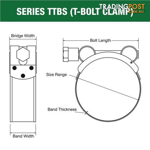 Tridon T-Bolt Hose Clamp 66mm â 70mm All Stainless Solid Band 10pk SKU - TTBS66-70P