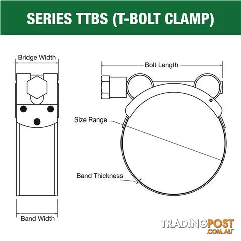 Tridon T-Bolt Hose Clamp 66mm â 70mm All Stainless Solid Band 10pk SKU - TTBS66-70P