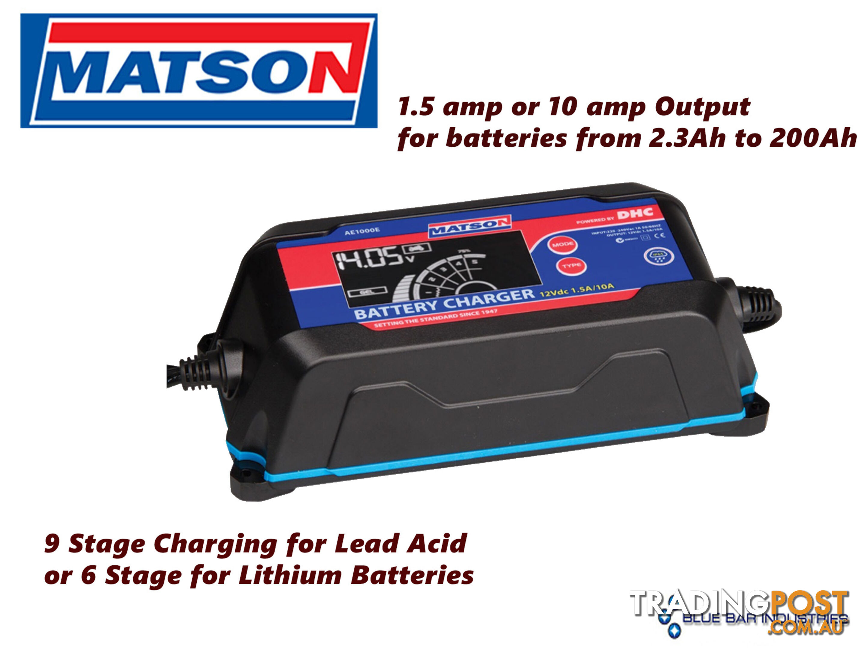 Matson 12v Battery Charger 12 volt 1.5  - 10amp 9 or 6 Stage Charging LED Status SKU - AE1000E