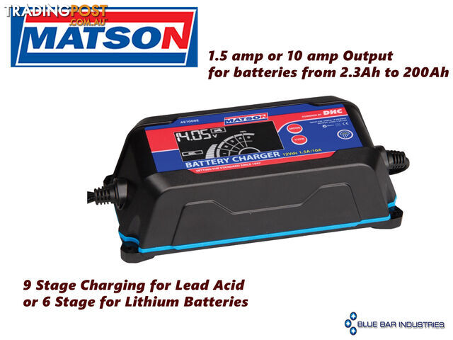 Matson 12v Battery Charger 12 volt 1.5  - 10amp 9 or 6 Stage Charging LED Status SKU - AE1000E