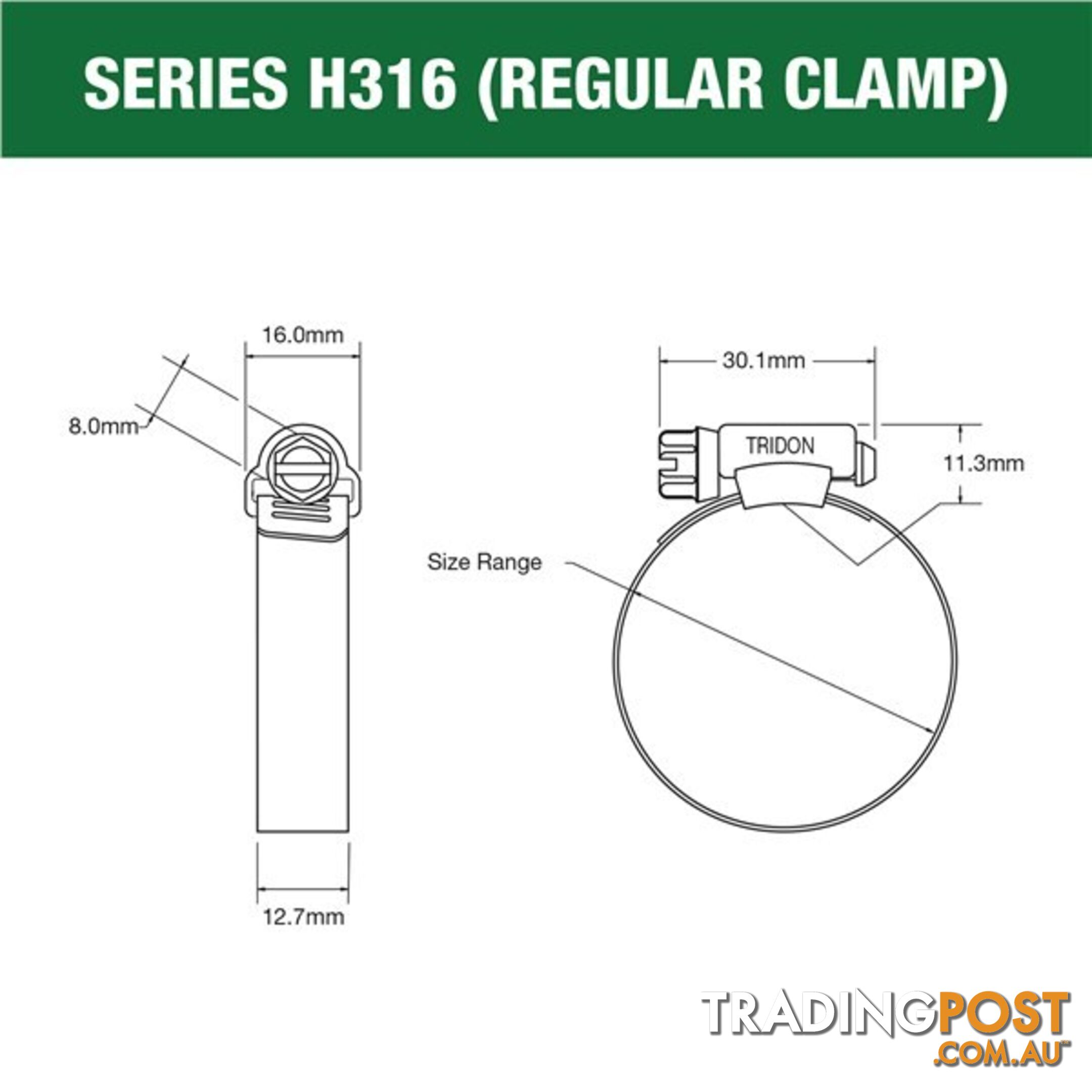 Tridon Full 316 S. Steel Hose Clamp 21mm â 44mm 10pk SKU - H316-020P