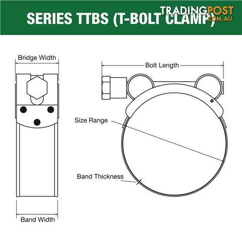 Tridon T-Bolt Hose Clamp 104mm â 112mm All Stainless Solid Band 10pk SKU - TTBS104-112P