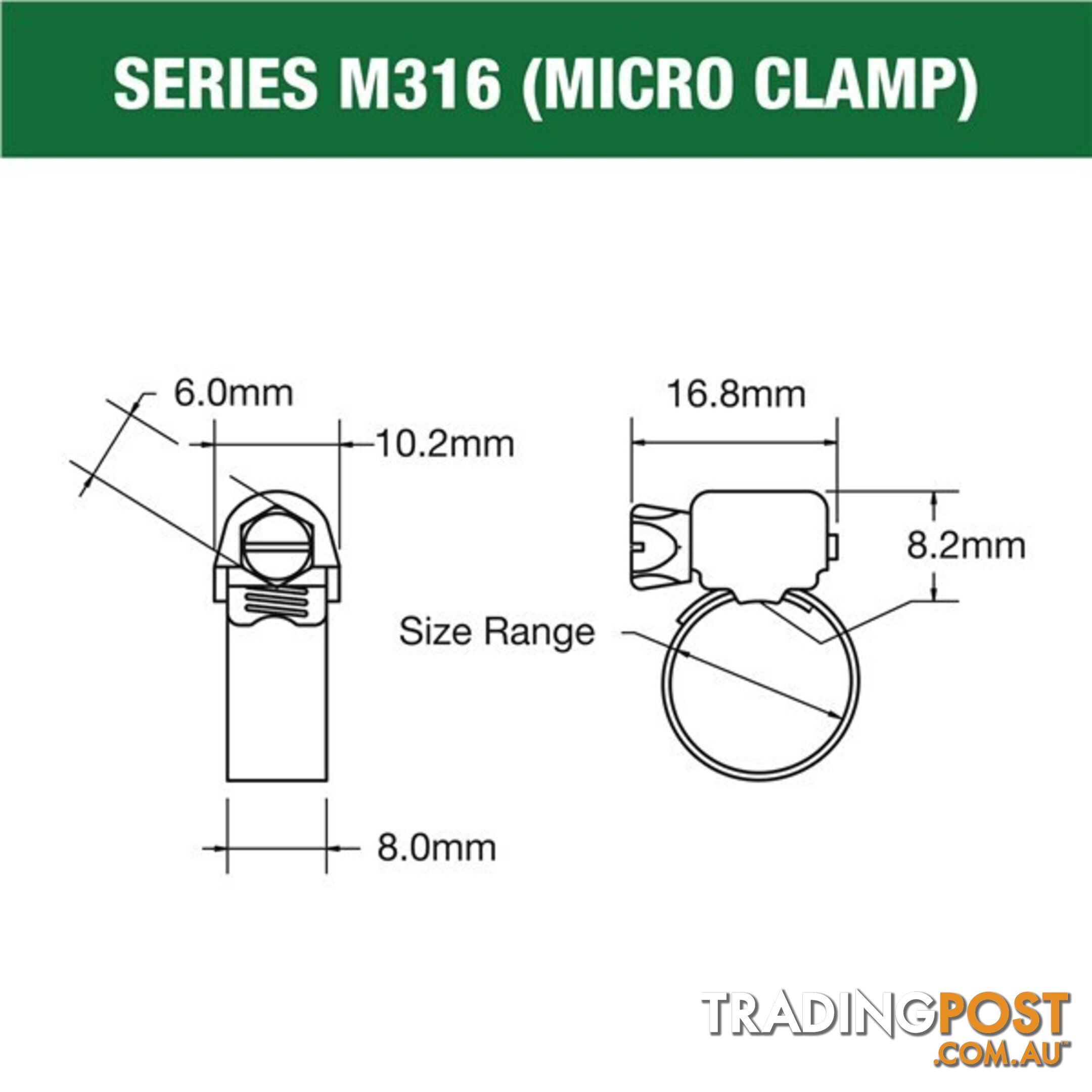 Tridon Full 316 S. Steel Micro Hose Clamp 52mm â 70mm 10pk SKU - M316-036P