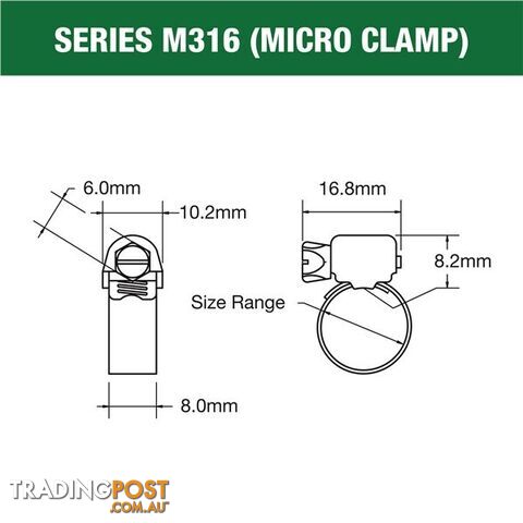 Tridon Full 316 S. Steel Micro Hose Clamp 52mm â 70mm 10pk SKU - M316-036P