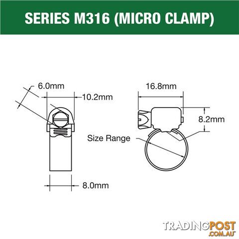 Tridon Full 316 S. Steel Micro Hose Clamp 52mm â 70mm 10pk SKU - M316-036P