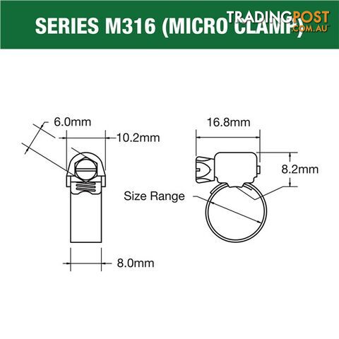 Tridon Full 316 S. Steel Micro Hose Clamp 46mm â 64mm 10pk SKU - M316-032P