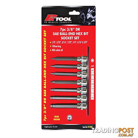 PK Tools 3/8 "dr  Ball End Hex Bit SAE Socket 7pc Set SKU - PT11905