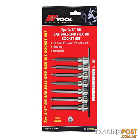 PK Tools 3/8 "dr  Ball End Hex Bit SAE Socket 7pc Set SKU - PT11905