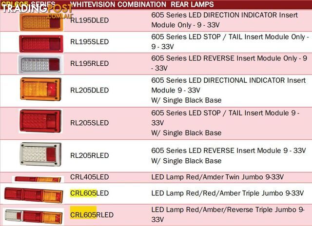 Whitevision JumboHD LED Combo Lamp S/Rear Position/DI/Reflctr SKU - CRL605LED, CRL605RLED, RL195DLED, RL195SLED, RL195RLED