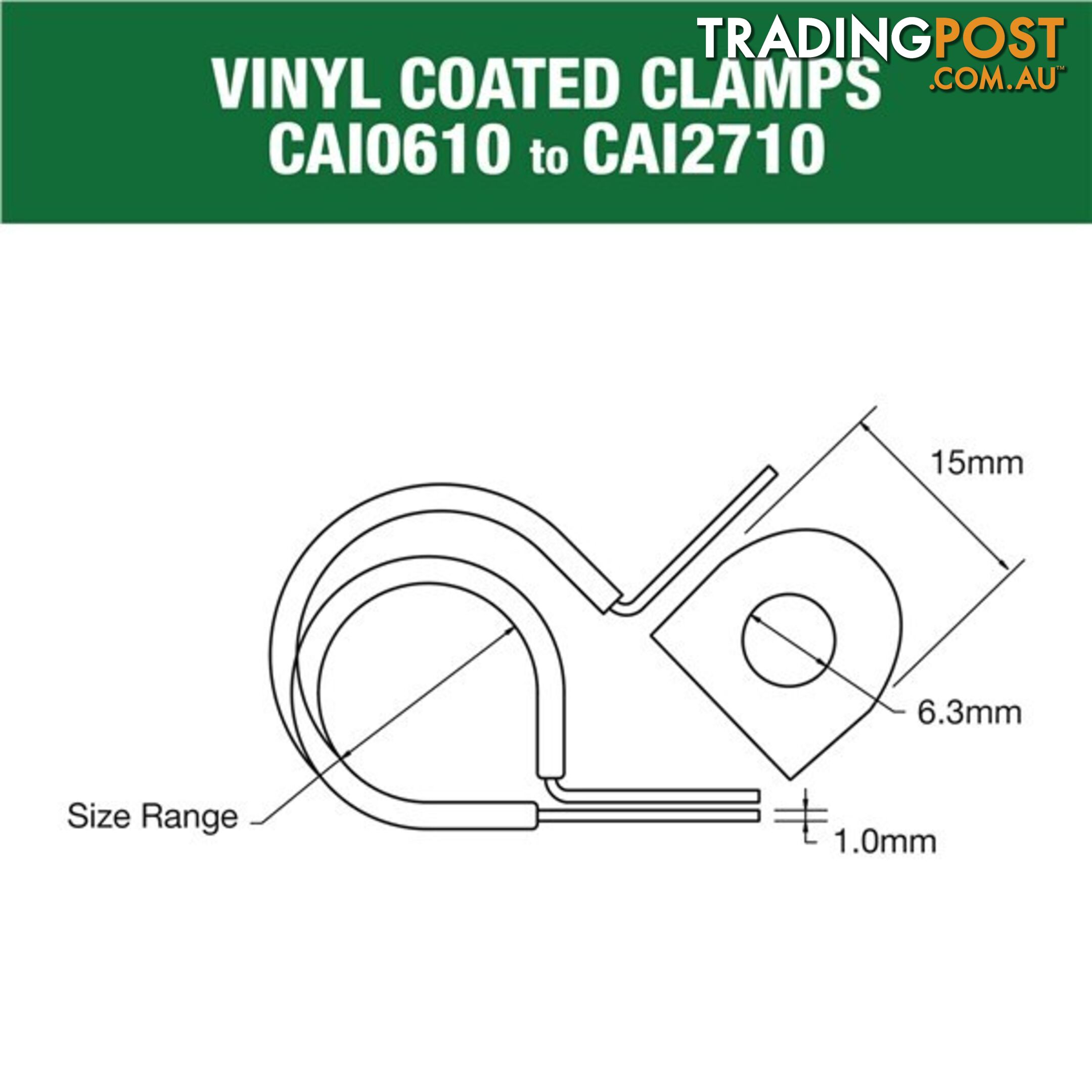 Vinyl Coated Hose   Cable Clamp 24mm (15/16?) Dia 15mm Band 6.3mm Hole 10pk SKU - CAI2410P