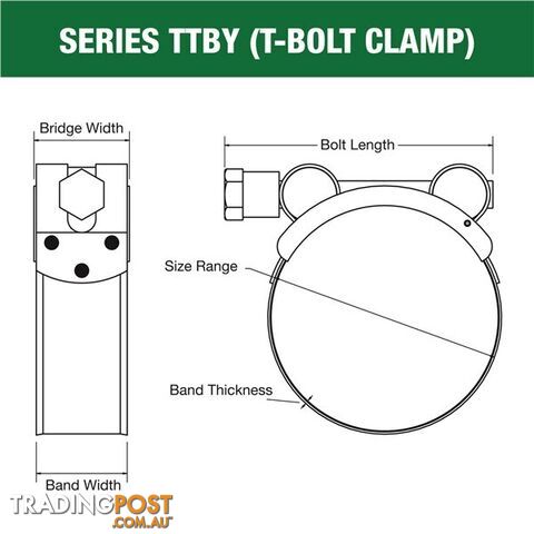 Tridon T-Bolt Hose Clamp 46mm â 49mm Part Stainless Solid Band 10pk SKU - TTBY46-49P
