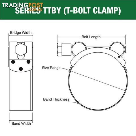 Tridon T-Bolt Hose Clamp 36mm â 39mm Part Stainless Solid Band 10pk SKU - TTBY36-39P