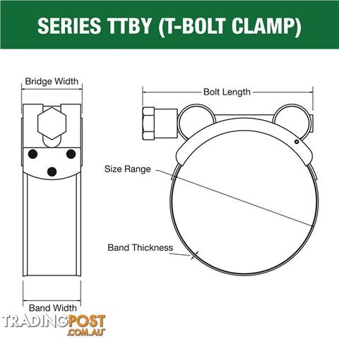 Tridon T-Bolt Hose Clamp 21mm â 23mm Part Stainless Solid Band 10pk SKU - TTBY21-23P