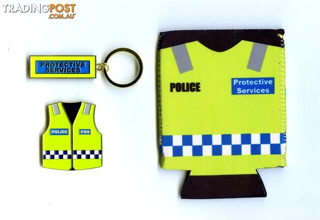 Police Protective Services Keyrings,  Challenge Coins & Stubby Holders. New. (Police members only)