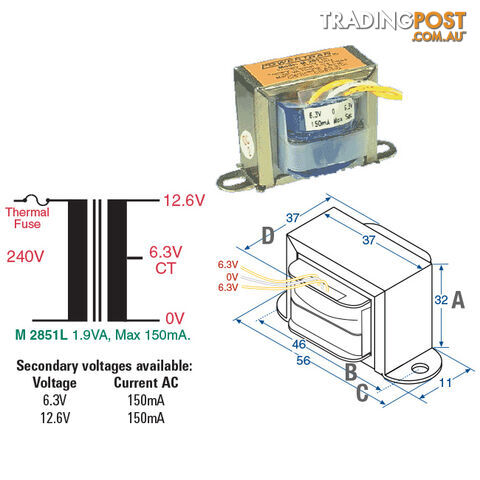 12.6V 150MA MAINS TRANSFORMER 1.89VA CT - CENTRE TAPPED Brand: 