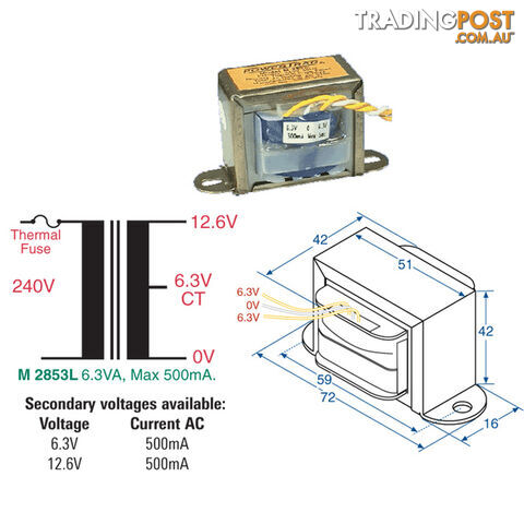 12.6V 500MA MAINS TRANSFORMER 6.3VA CT - CENTRE TAPPED Brand: 