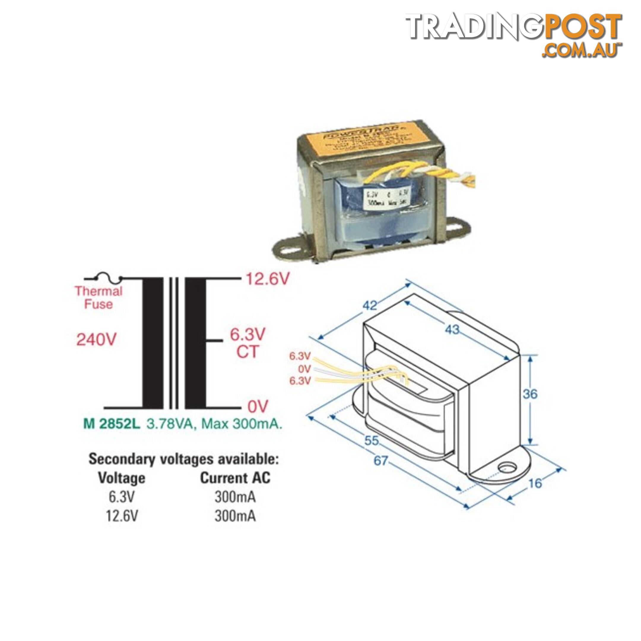 12.6V 300MA MAINS TRANSFORMER 3.78VA CT - CENTRE TAPPED Brand: 