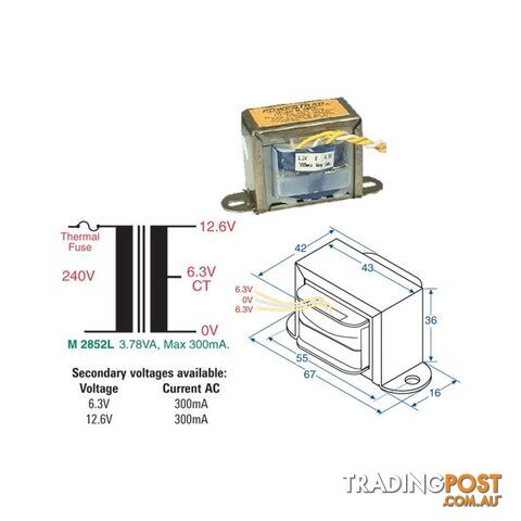 12.6V 300MA MAINS TRANSFORMER 3.78VA CT - CENTRE TAPPED Brand: 