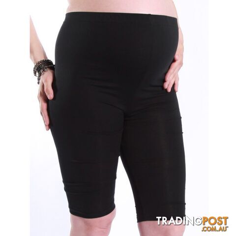 Basic Maternity Foldable Waist Bike Shorts Length Legging - Black