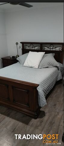 BEDROOM SUITE QUEEN SIZE BED FRAME + 2 BED SIDE TABLES, + LARGE CHEST OF DRAWS.