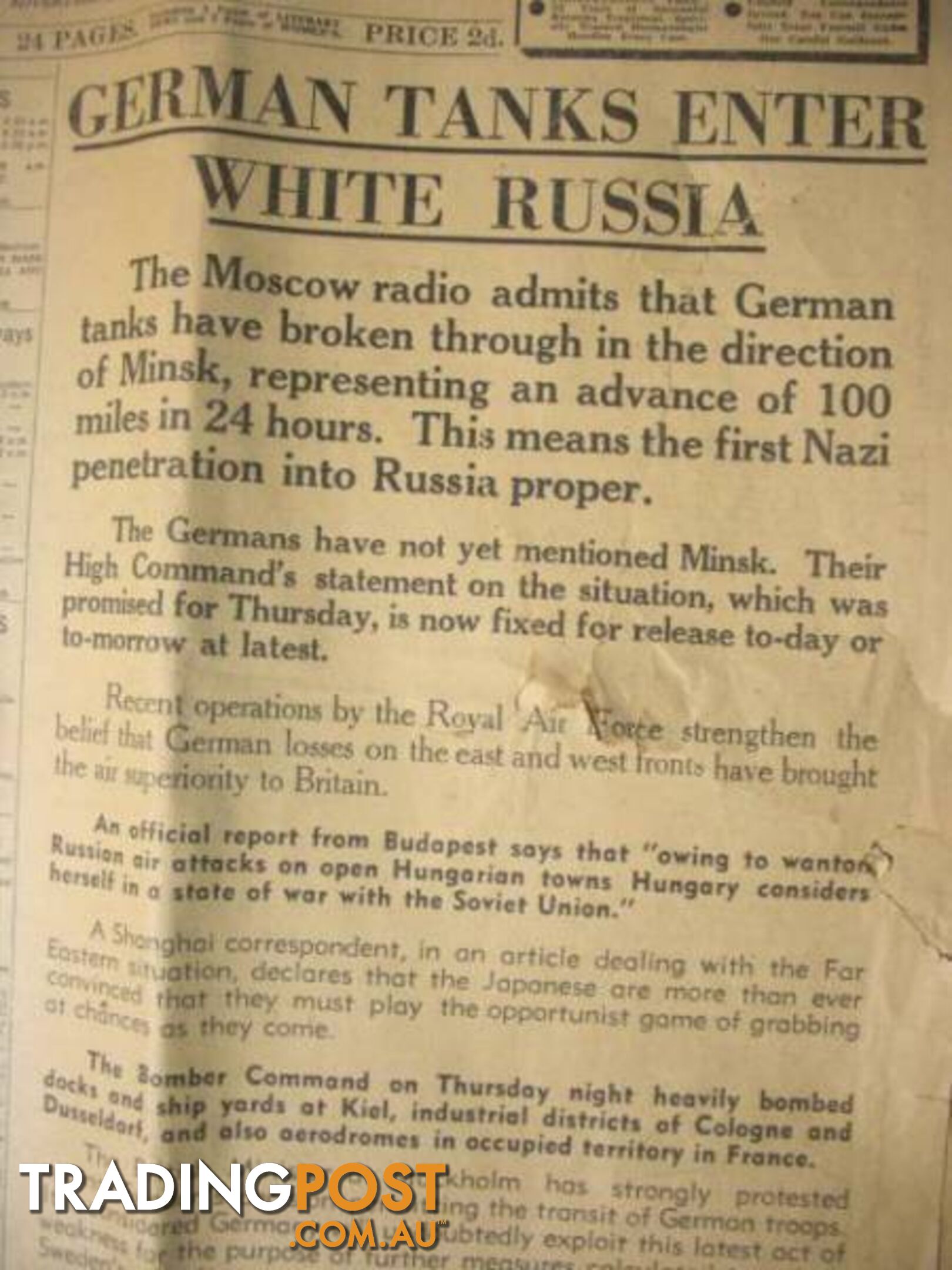 THE AGE 29TH JUNE 1941 GERMAN TANKS ENTER WHITE RUSSIA FRONT PAGE