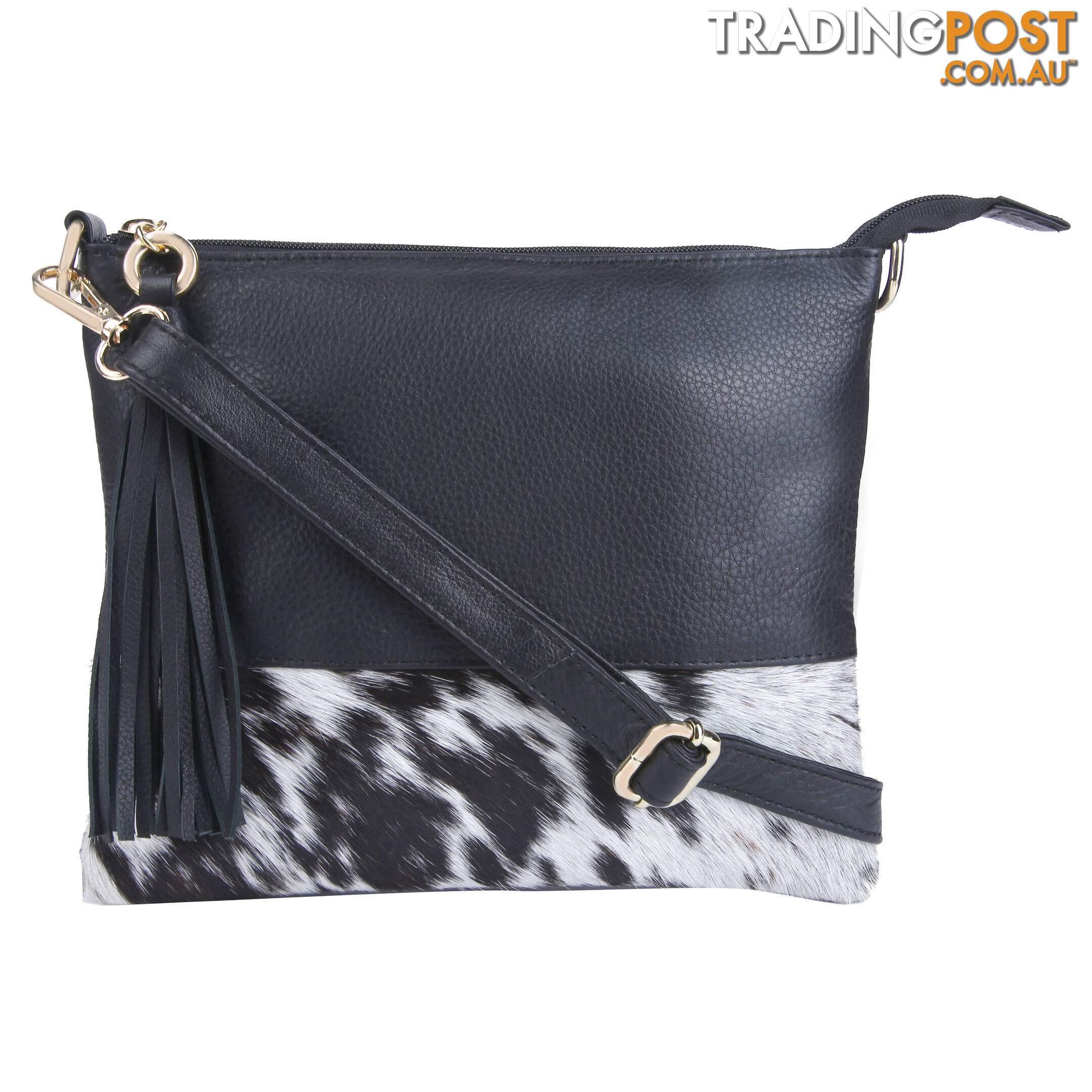 Halston Genuine Leather Cowhide Black/WHITE Womens Handbag