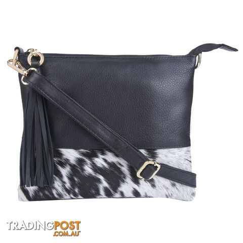 Halston Genuine Leather Cowhide Black/WHITE Womens Handbag