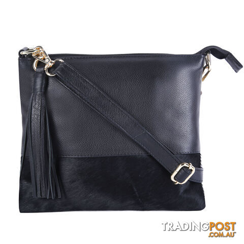 Halston Genuine Leather Cowhide Black Womens Handbag