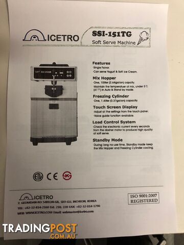 Icetro soft-serve (ice-cream or yogurt) machine, with 2 years warranty.