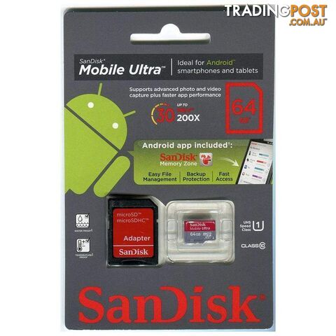 SanDisk Mobile Ultra 64GB microSDHC Class 10 Memory Card 80Mbps - SanDisk - MRY-SDSDQU-064G - 619659161507