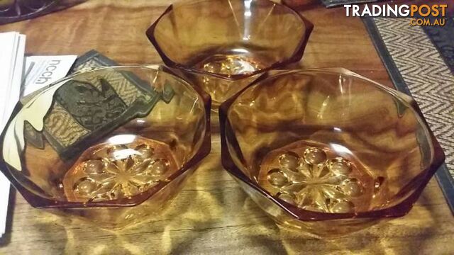 3 amber depression glass bowls