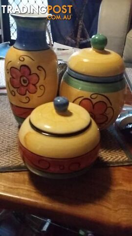 2 decorative cannisters and vase