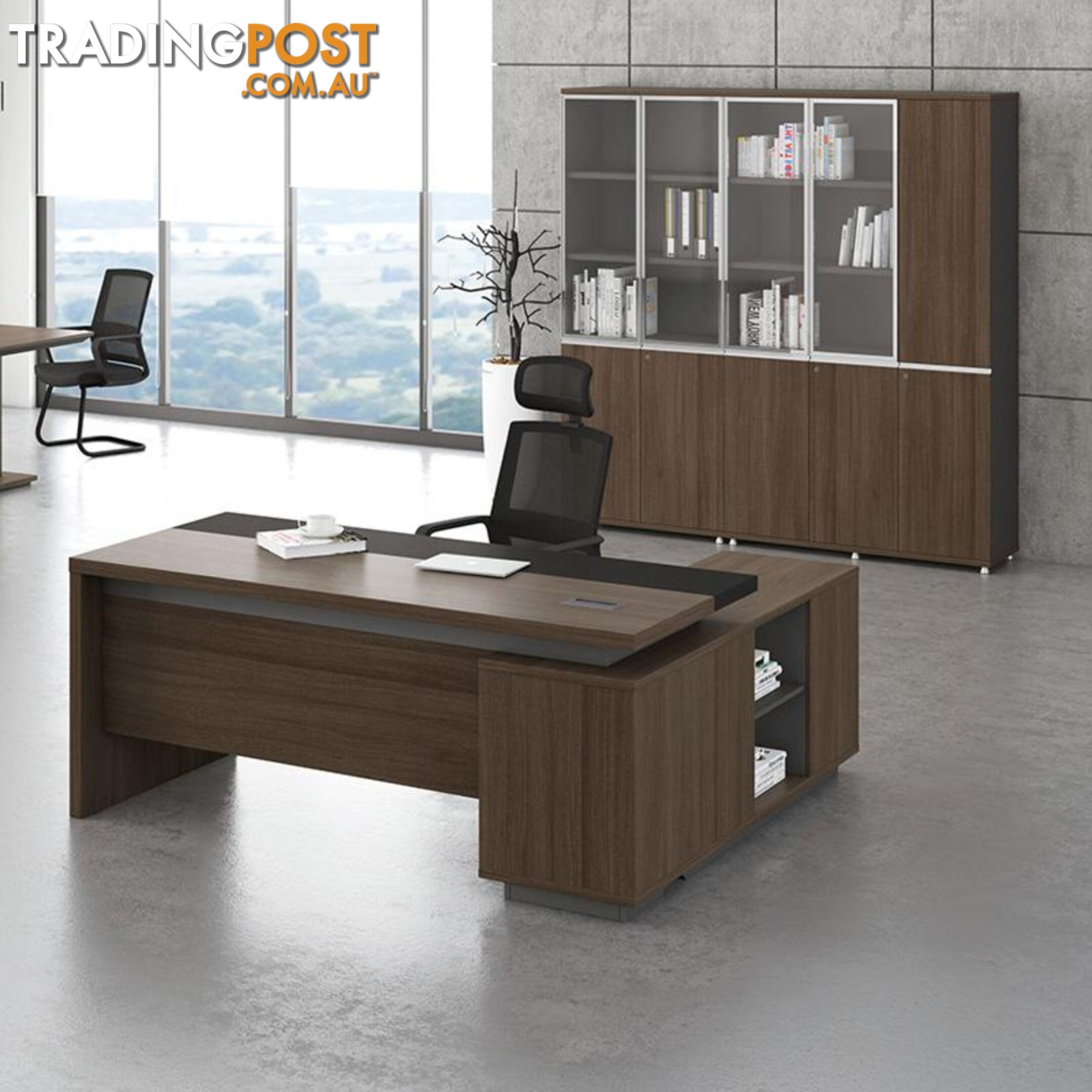 Carter Executive Office Desk + Left Return - 180cm - Coffee + Charcoal - MF-22MKD181 - 9334719011288