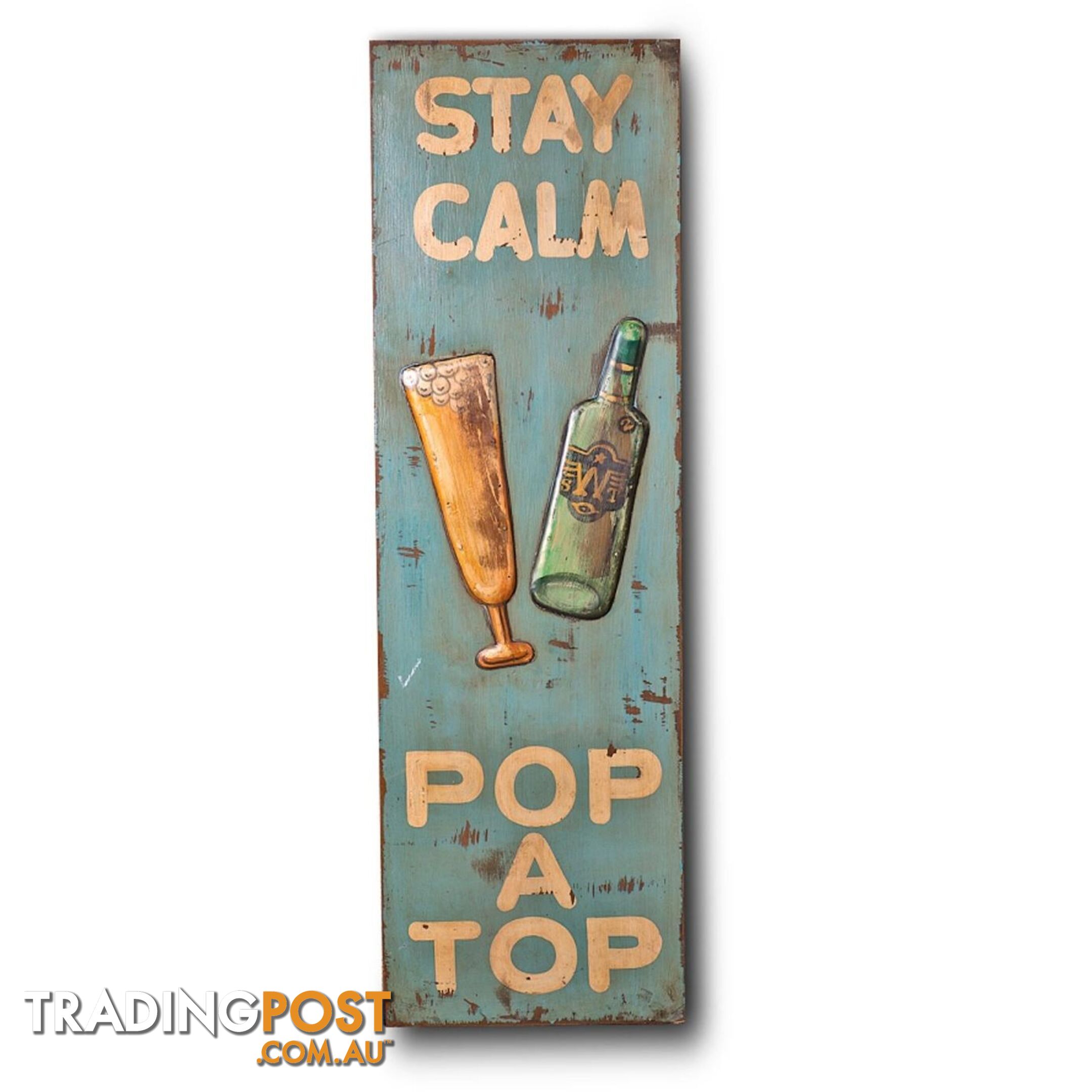 Wooden Print "Stay Calm Pop A Top" In Antique Blue - Wall008 - 9334719003740