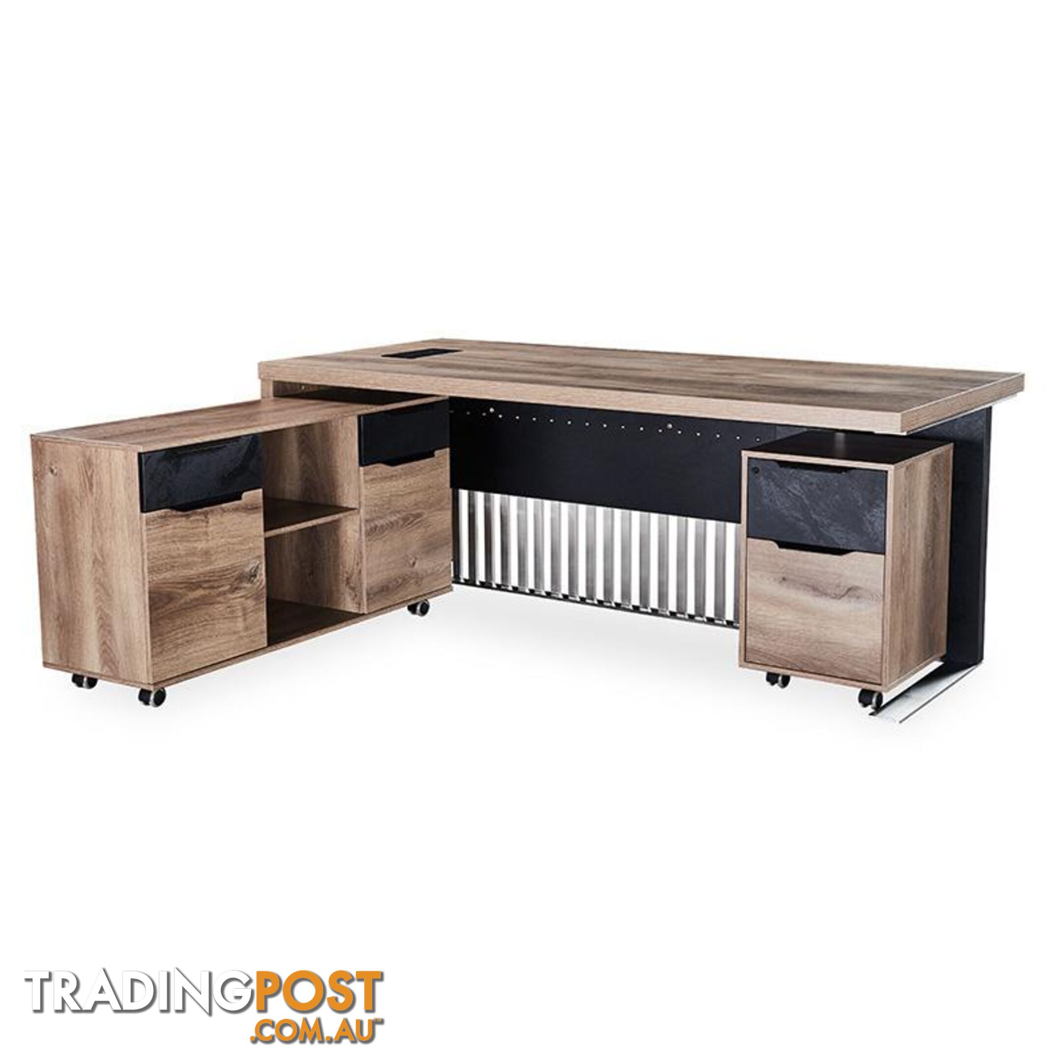 AFTAN Executive Desk with Pedestal & Left Mobile Return 1.8M - Warm Oak & Black - WF-N2806-L - 9334719003955