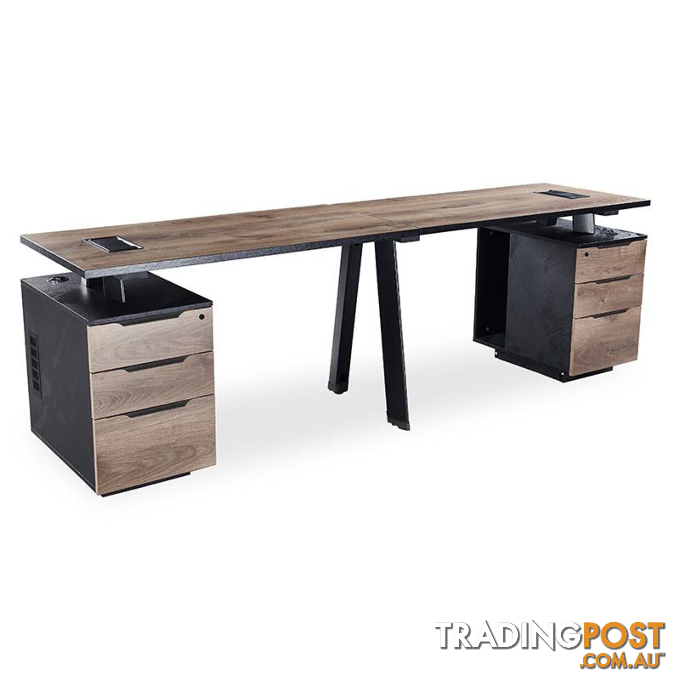 ARTO 2 People Workstation with 2 Cabinets  2.4M - Warm Oak & Black - WF-NW009 - 9334719004273