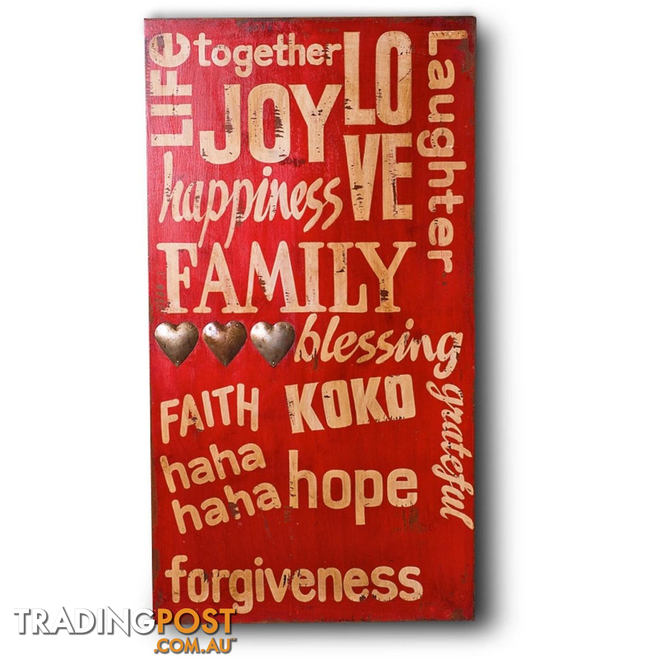 Red Joy Happiness Family Wooden Wall Hanging In Antique Red - Wall007