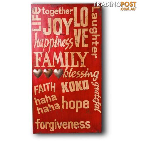 Red Joy Happiness Family Wooden Wall Hanging In Antique Red - Wall007
