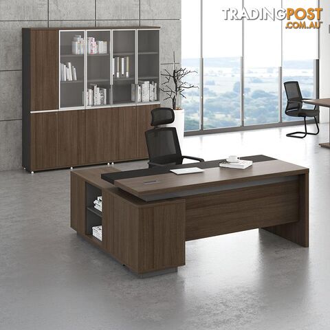 Carter Executive Office Desk + Right Return - 180cm - Coffee + Charcoal - MF-22MKD182 - 9334719001265