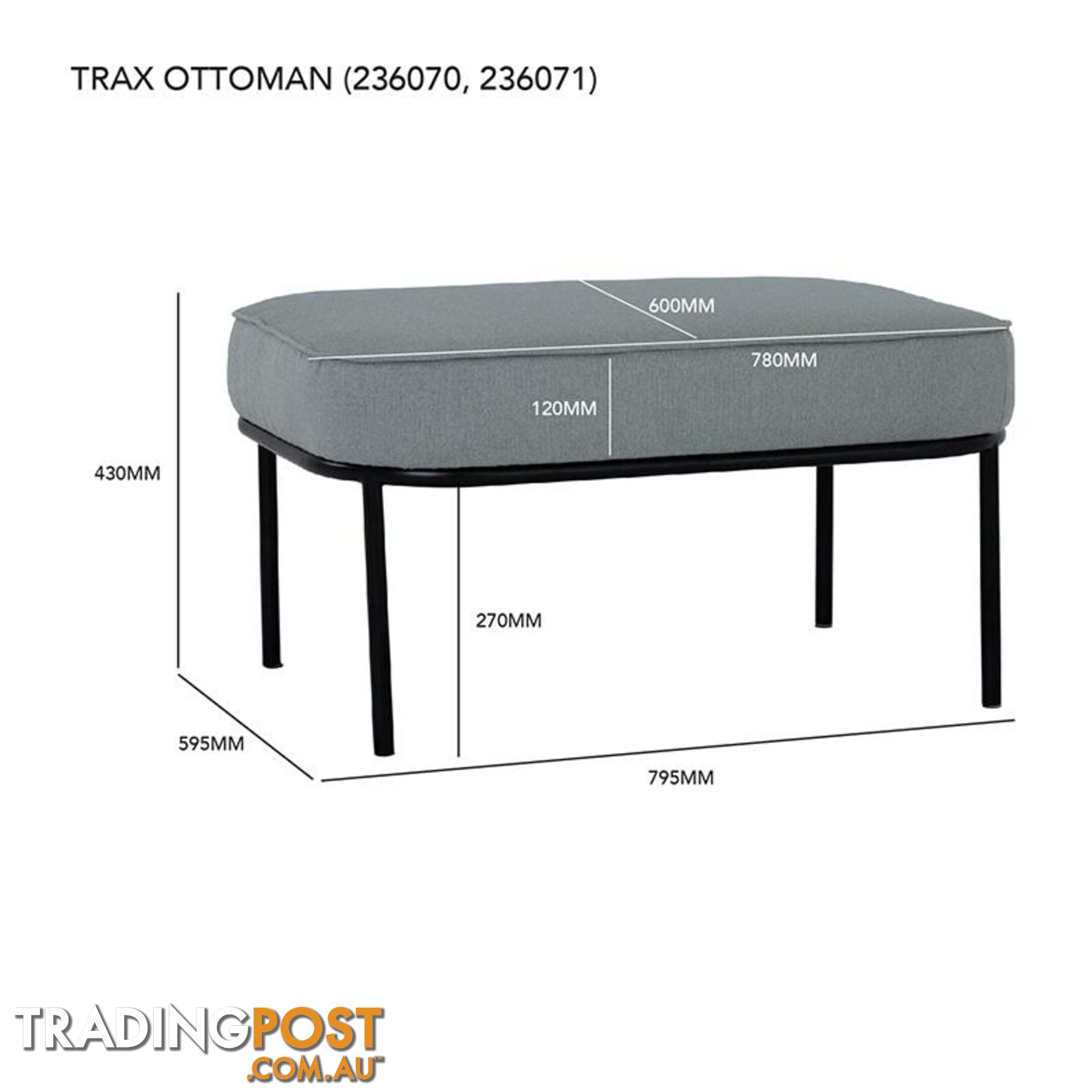 TRAX Oval Footstool 80cm - Pale Silver - 236070 - 9334719007205