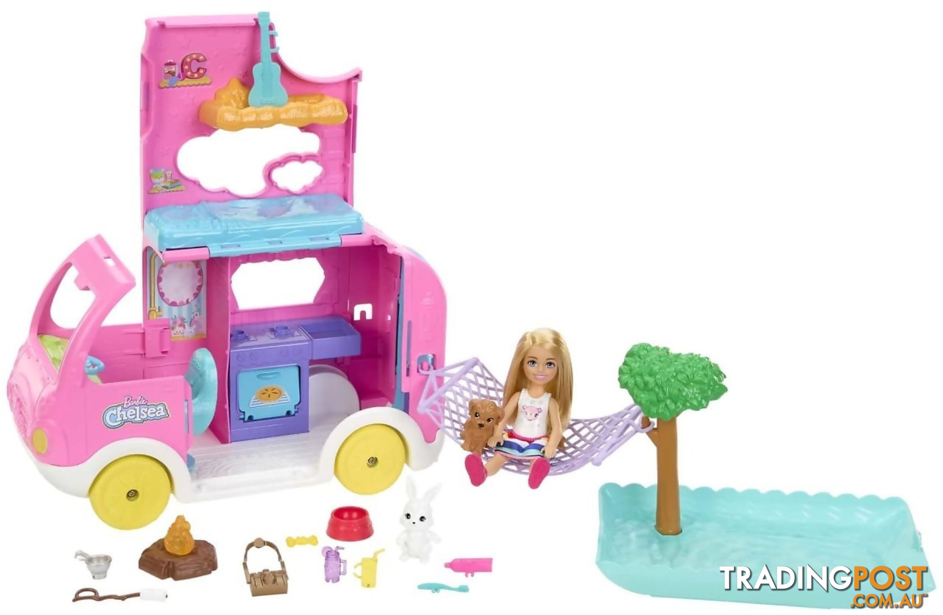 Barbie - Chelsea 2-in-1 Camper Playset With Chelsea Small Doll 2 Pets & 15 Accessories - Mattel - Mahnh90 - 194735141418