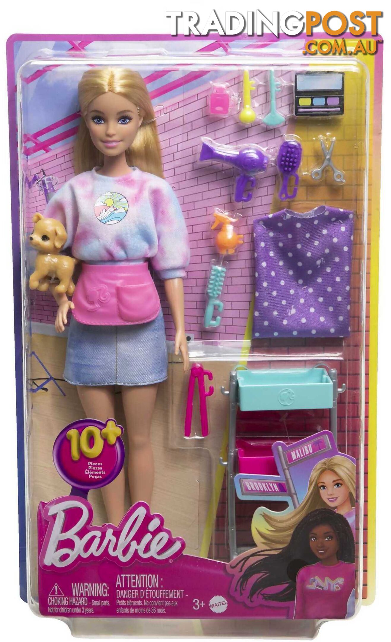 Barbie - â€œmalibuâ€ Stylist Doll & 14 Accessories Playset Hair & Makeup Theme With Puppy & Styling Cart - Mattel - Mahnk95 - 194735143429