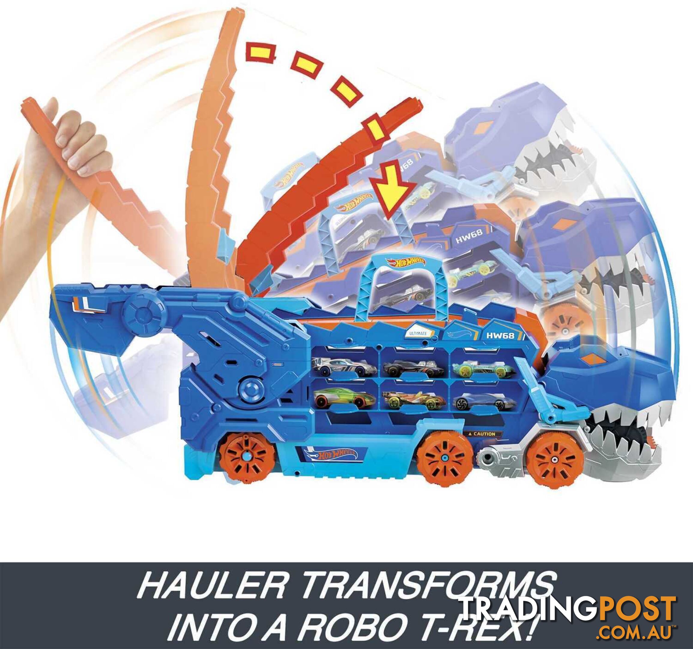 Hot Wheels - City Ultimate Hauler Transforms Into A T-rex With Race Track Stores 20+ Cars - Mattel - Mahng50 - 194735140022